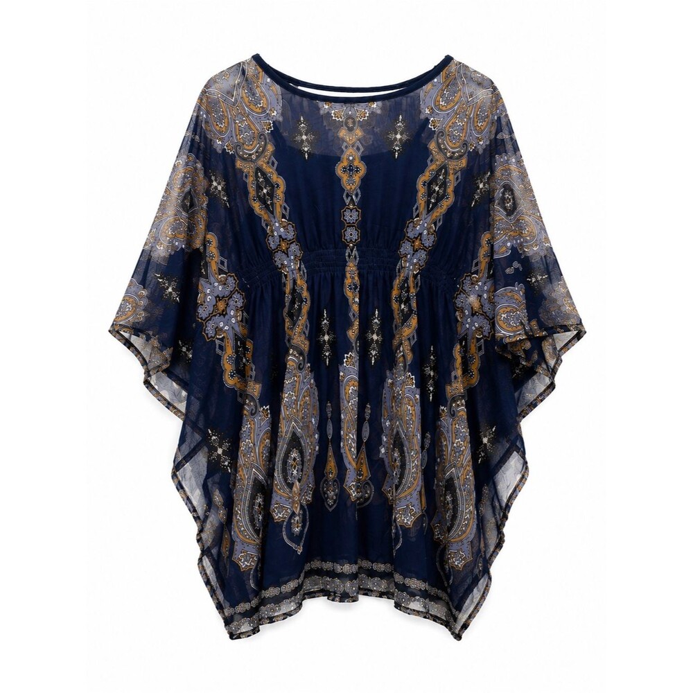 International Concepts Blue Boho Pattern Flowy Wide Sleeve Top Size Small Blouse